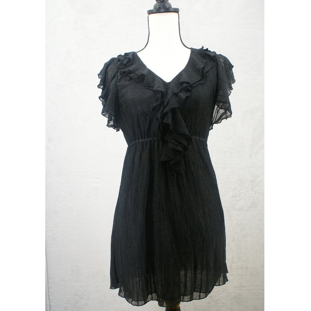 Unbranded Black Ruffle V-Neck Metallic Shimmer Empire Waist Mini Dress Women